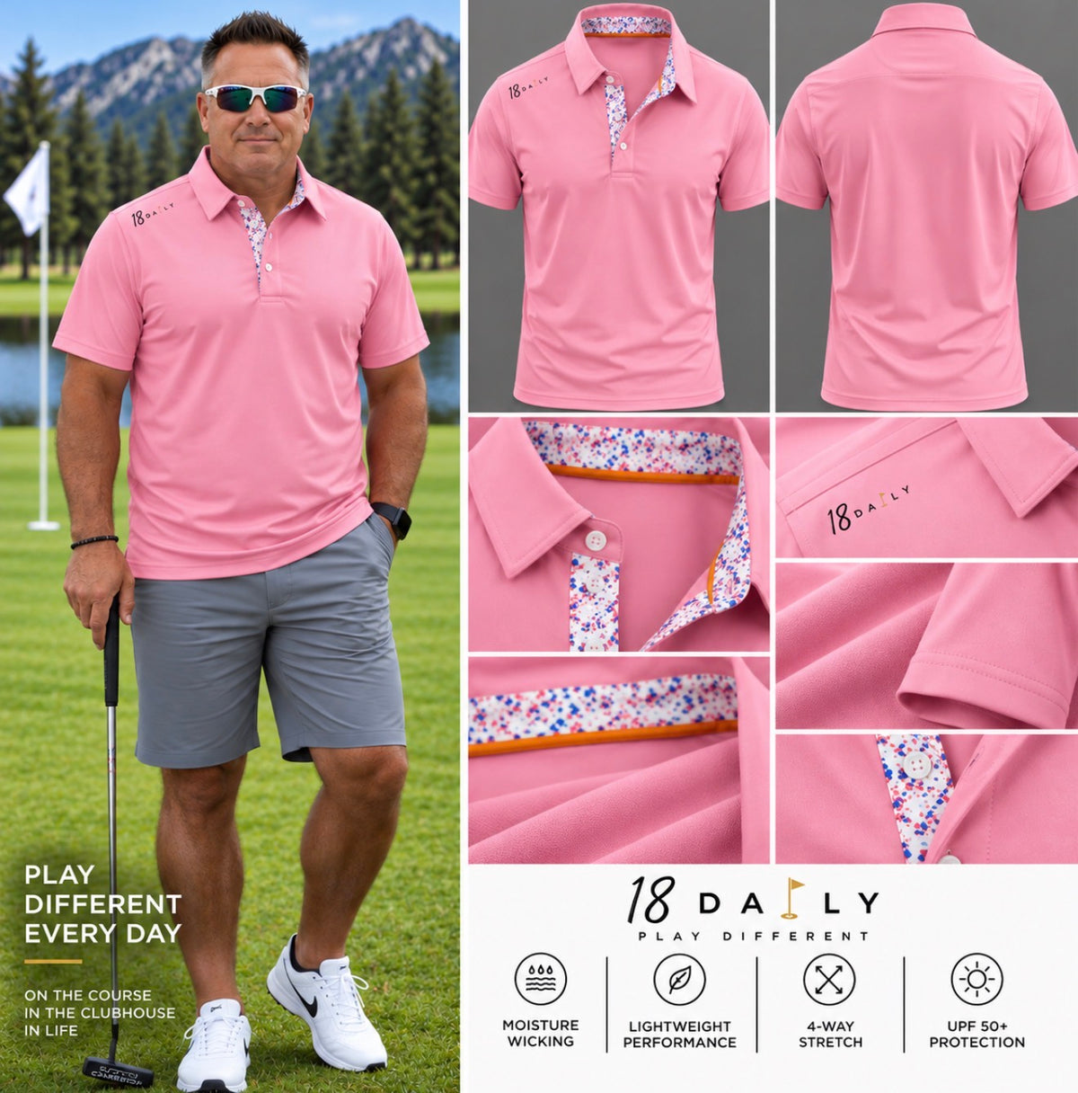 18 DAILY Pink Performance Golf Polo