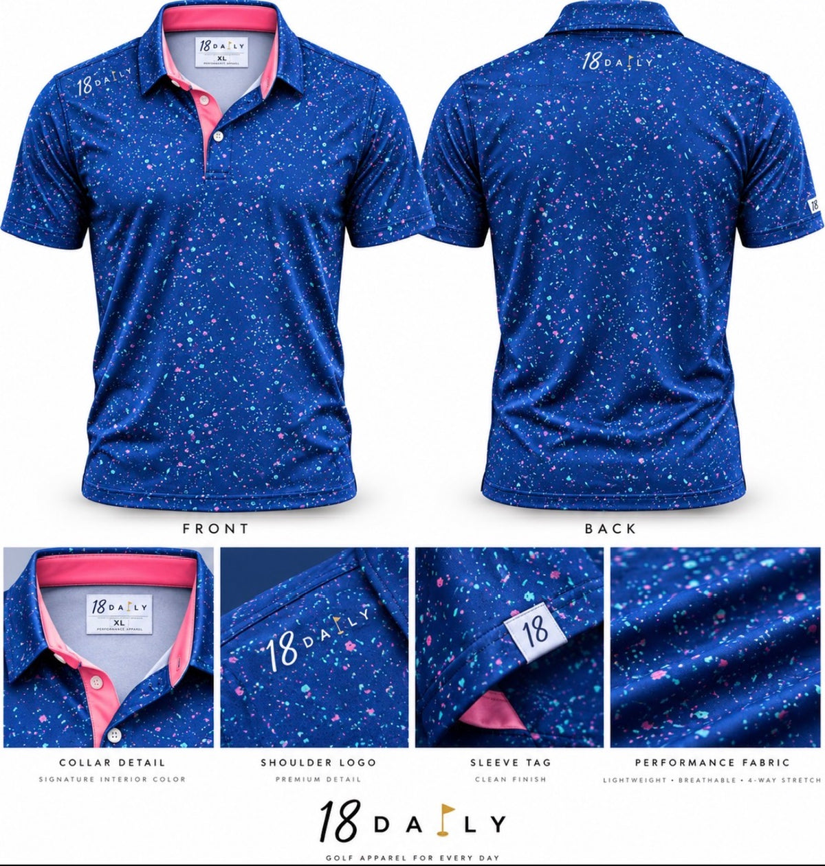 18 DAILY — Electric Blue Splatter Performance Polo