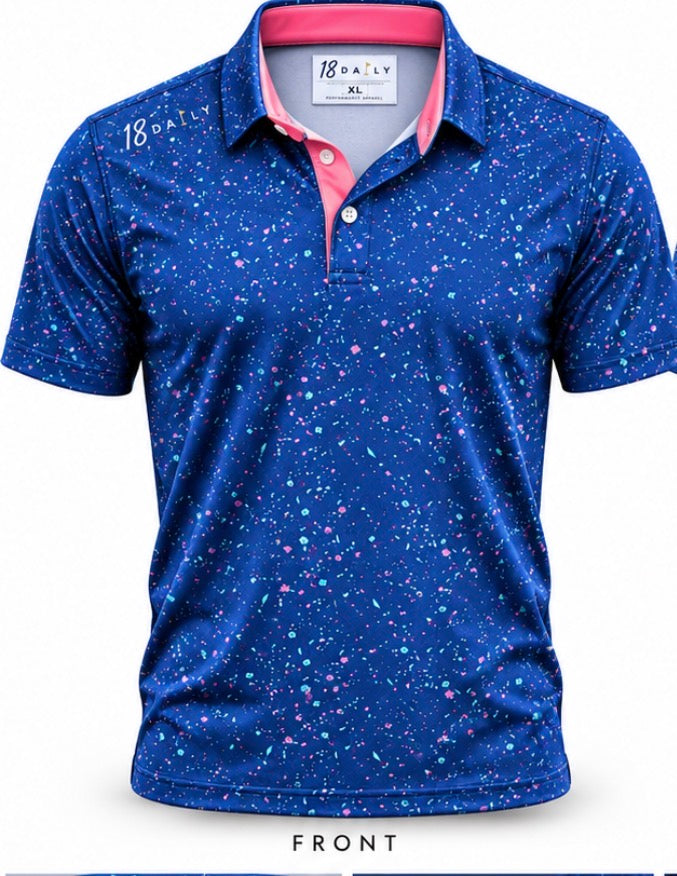 18 DAILY — Electric Blue Splatter Performance Polo