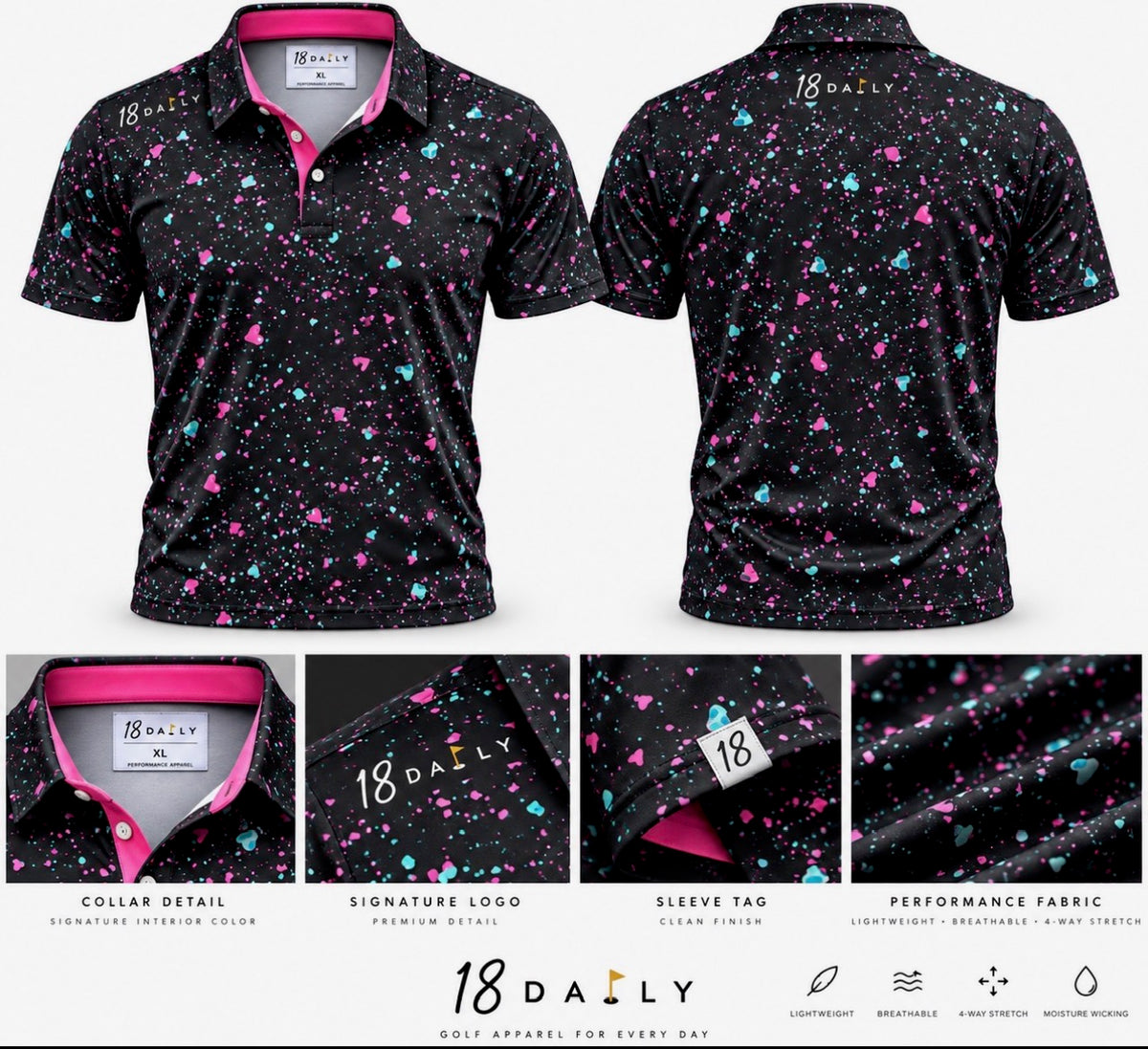 18 DAILY BLACK— After Hours Splatter Performance Polo