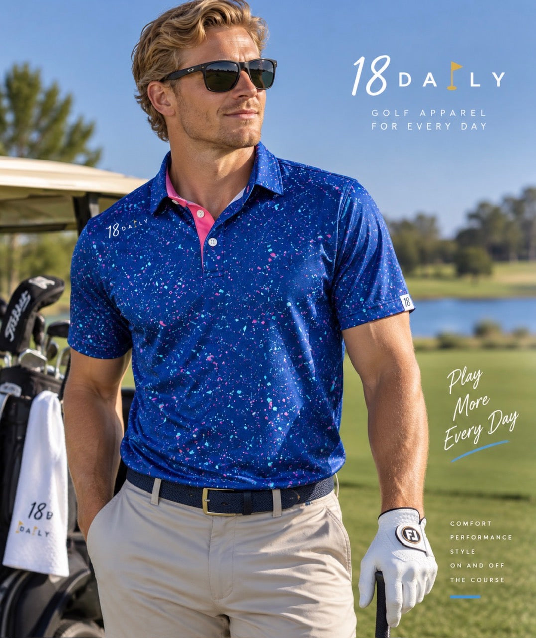 18 DAILY — Electric Blue Splatter Performance Polo