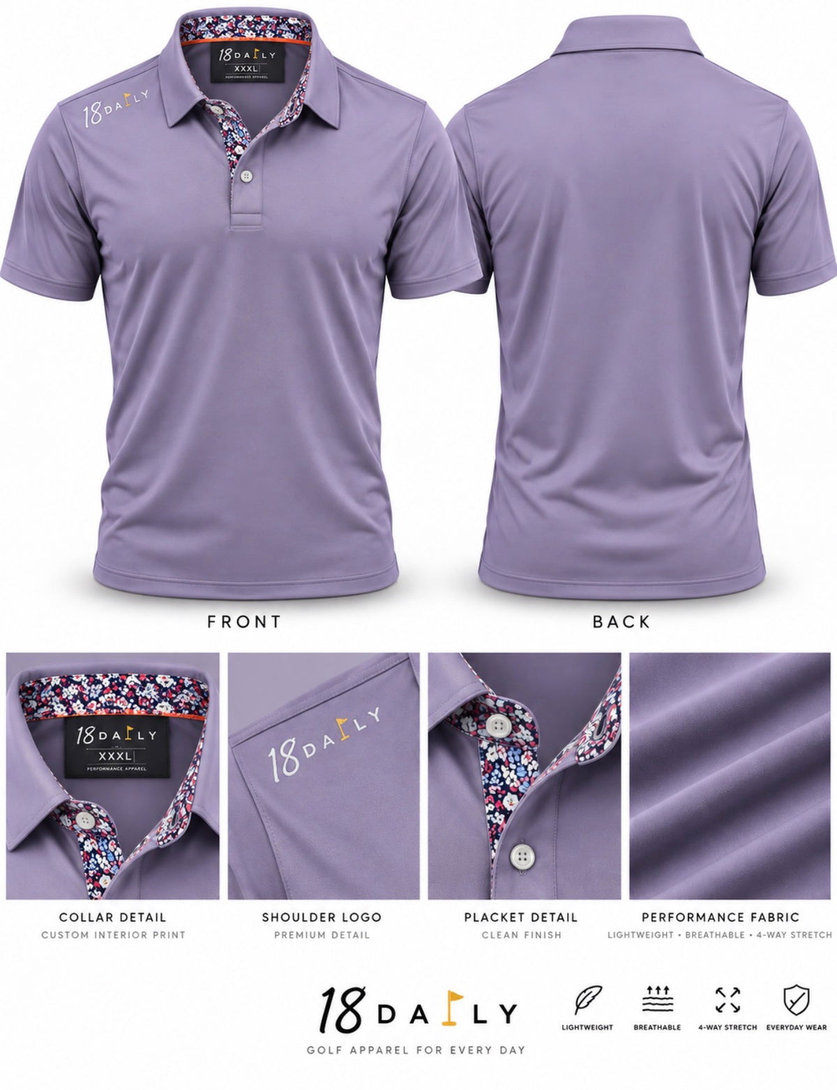 18 DAILY Lavender Performance Golf Polo