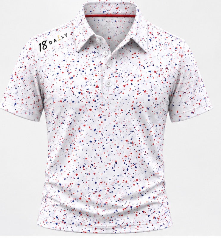 18 DAILY — Red, White & Blue Splatter Polo