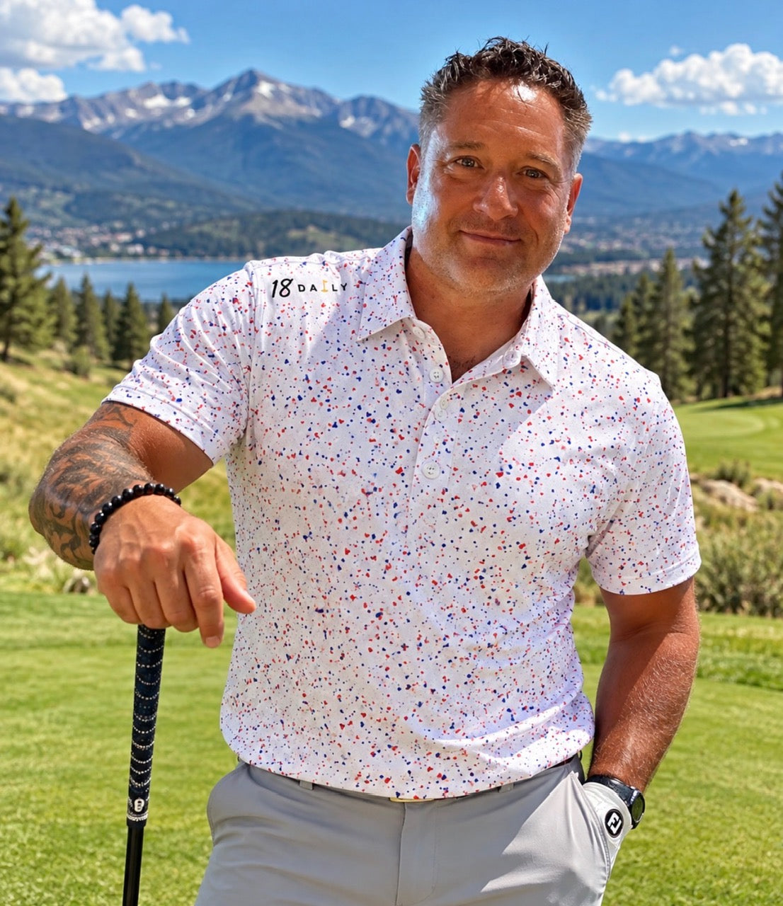 18 DAILY — Red, White & Blue Splatter Polo