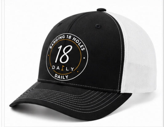18 Daily Signature Trucker Hat -Round Logo Black & White