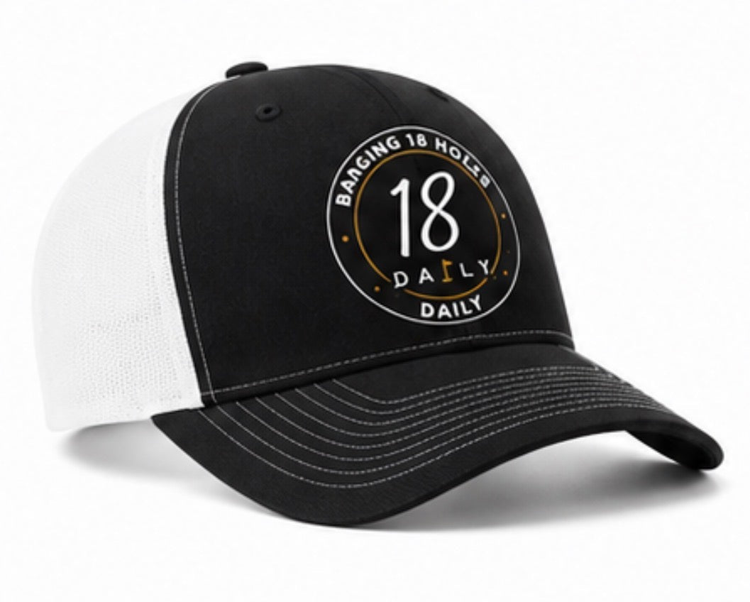 18 Daily Signature Trucker Hat -Round Logo Black & White